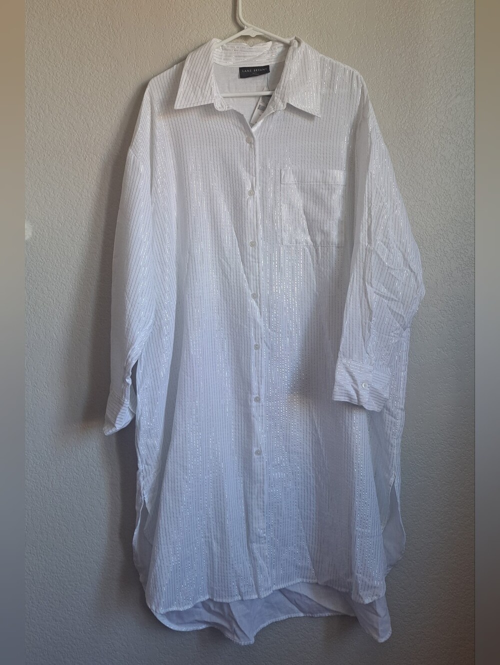 Lane Bryant White Silver Metallic Button Down Shirt Dress Size 22/24 NWT